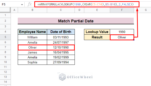 final outcome of vlookup partial date match