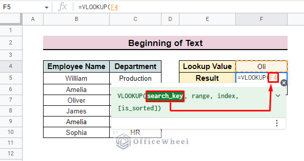 insert search key in vlookup function in google sheet