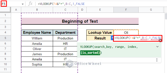 apply vlookup function partial match in google sheet