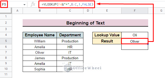 display outcome of the vlookup partial match in google sheet