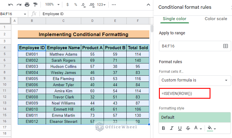 insert formula to add alternating colors every 2 rows in google sheets