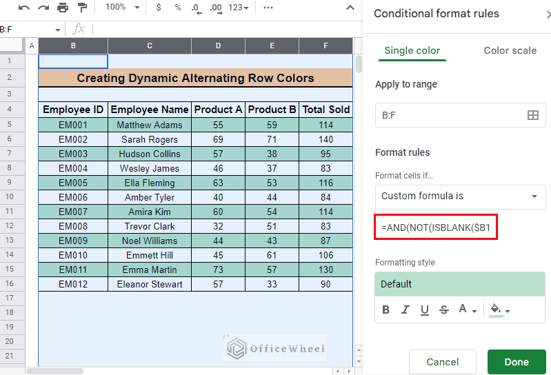 insert formula to add dynamic alternating colors every 2 rows in google sheets