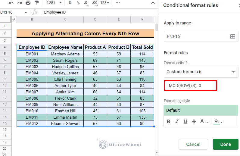 insert formula to apply alternating colors for every nth row in google sheets