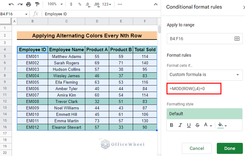 insert formula to apply alternating coloring to every 4th row