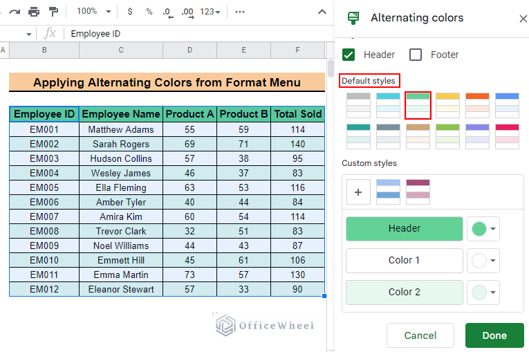 default styles of colors to add alternating colors every 2 rows in google sheets