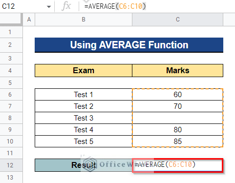 Using AVERAGE Function to Ignore Blank Cells in AVERAGE Formula in Google Sheets