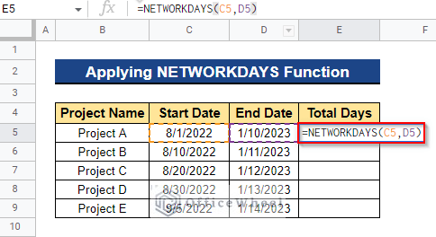 Applying NETWORKDAYS Function to Calculate Time Between Dates in Google Sheets