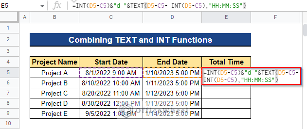 Combining TEXT and INT Functions to Calculate Time Between Dates in Google Sheets