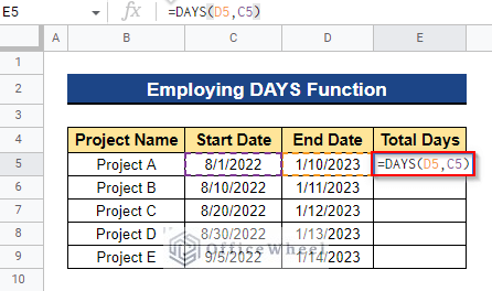 Employing DAYS Function to Calculate Time Between Dates in Google Sheets
