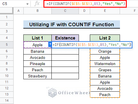 formula used to check if value exists in range in google sheets with countif and if function