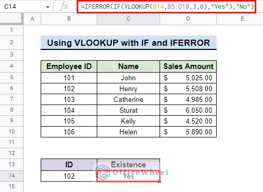 final result after applying vlookup function to check if value exists in range