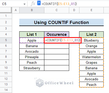 fibnal formula used to check if value exists in range in google sheets with countif function