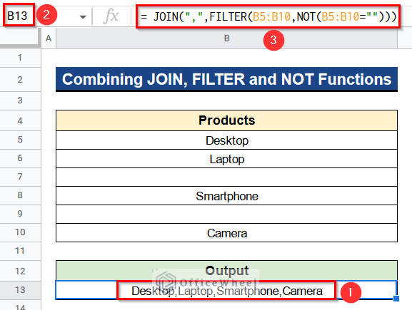 Combining JOIN, FILTER and NOT Functions to Concatenate If Cell Is Not Blank in Google Sheets