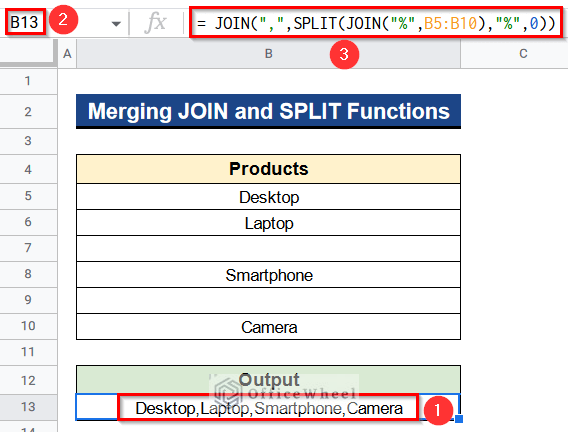 Merging JOIN and SPLIT Functions to Concatenate If Cell Is Not Blank in Google Sheets