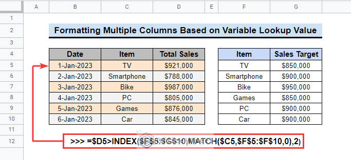 Google Sheets Conditional Formatting Index Match