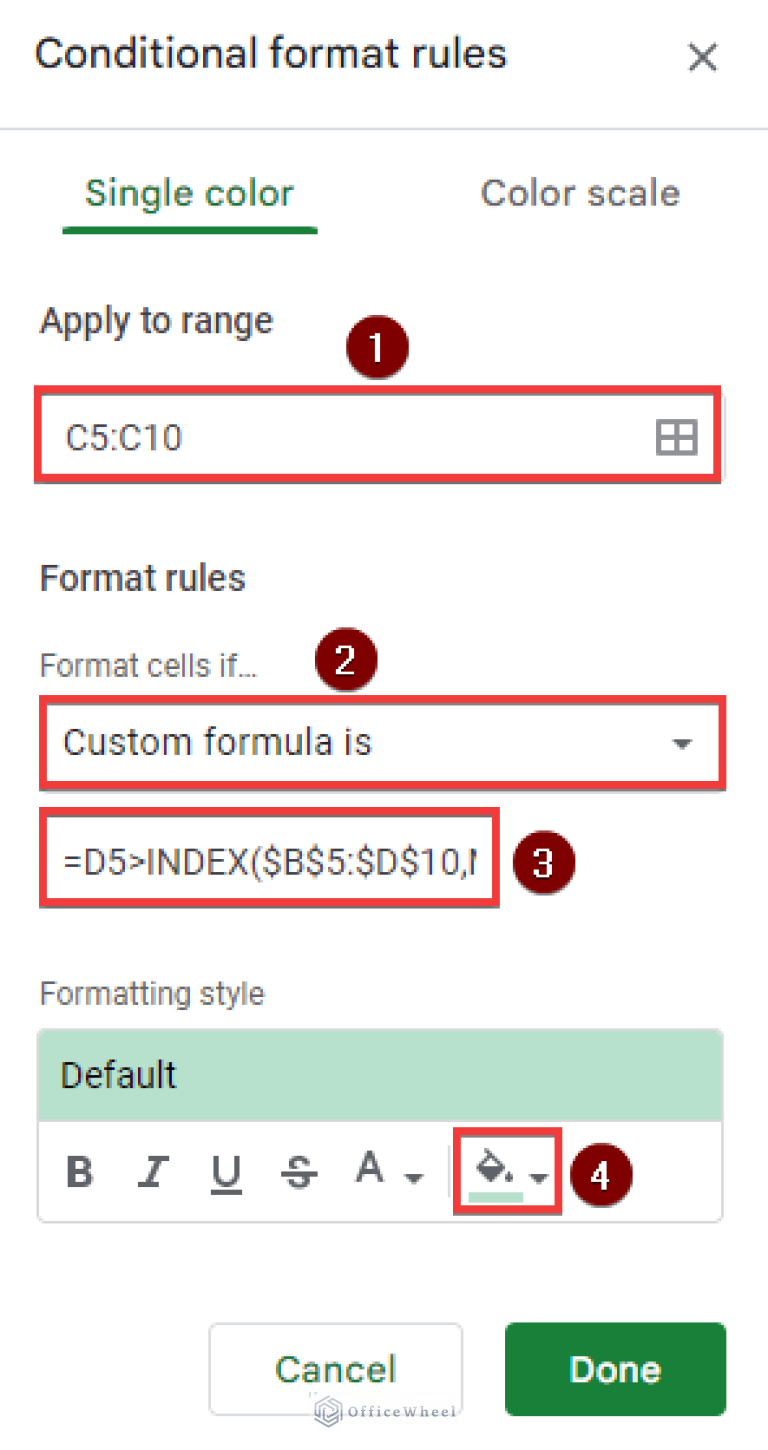 Google Sheets Conditional Formatting with INDEXMATCH
