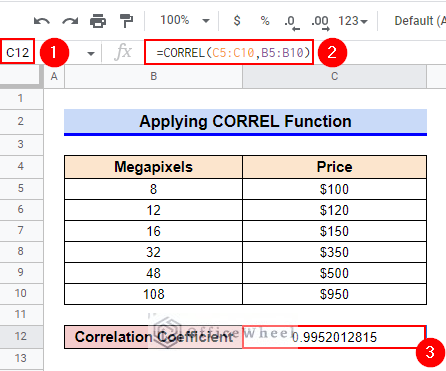Applying CORREL Function to Find Correlation Between to Columns in Google Sheets