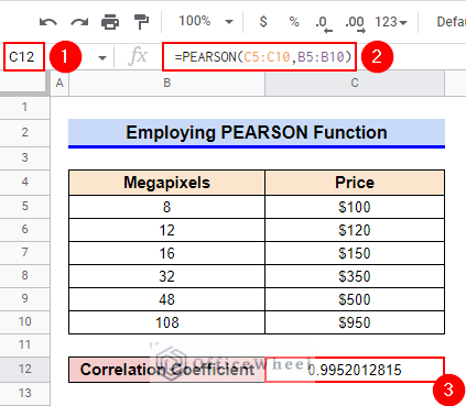 Employing PEARSON Function to Find Correlation Between to Columns in Google Sheets