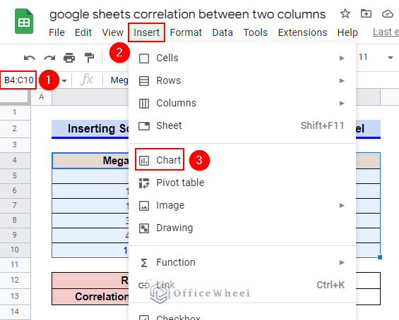 Inserting a Scatter Chart and Extracting from Chart Label to Find Correlation Between Two Columns in google sheets
