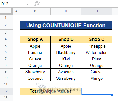Using COUNTUNIQUE Function to Count Unique Values in Multiple Columns in Google Sheets