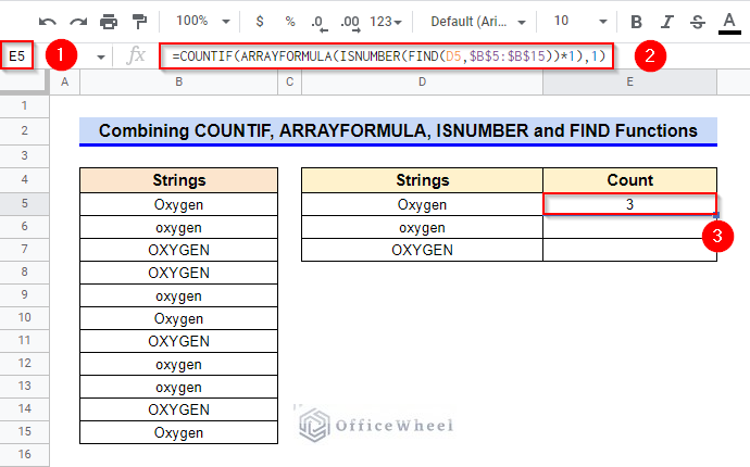 Combining COUNTIF, ARRAYFORMULA, ISNUMBER, and FIND Functions to execute Google Sheets case sensitive COUNTIF Operation