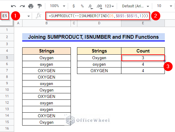 Joining SUMPRODUCT, ISNUMBER, and FIND Functions to execute Google Sheets case sensitive COUNTIF Operation