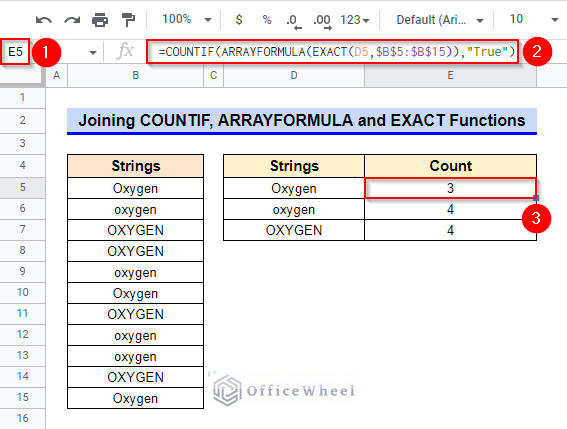 Joining COUNTIF, ARRAYFORMULA, and EXACT Functions to execute Google Sheets case sensitive COUNTIF Operation