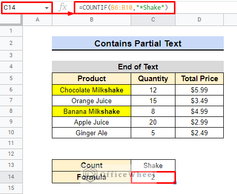 final formula for countif cell contains text at the end 