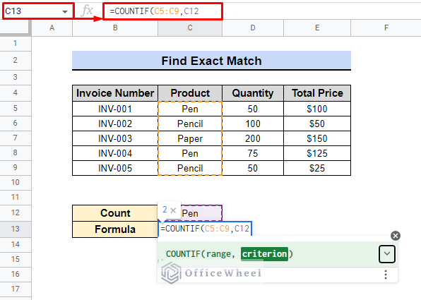 countif formula in google sheets to count exact match