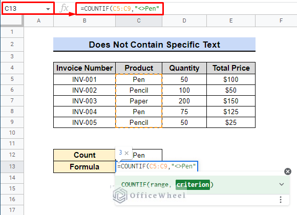 formula for counting not specific text