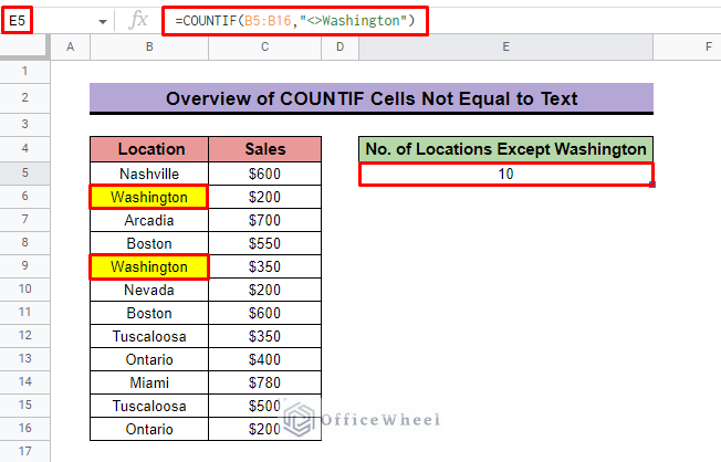overview of google sheets countif not equal to text