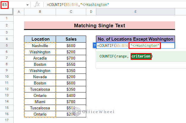 add criterion for google sheets countif not equal to text