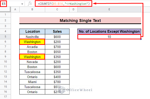 final outcome of google sheets countif not equal to text