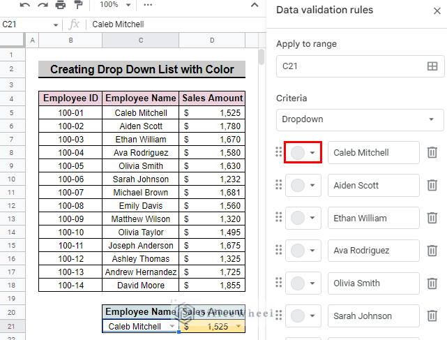 click on the color box to create drop down list with color in google sheets