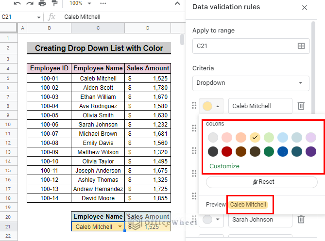 select color to add color to drop down list items