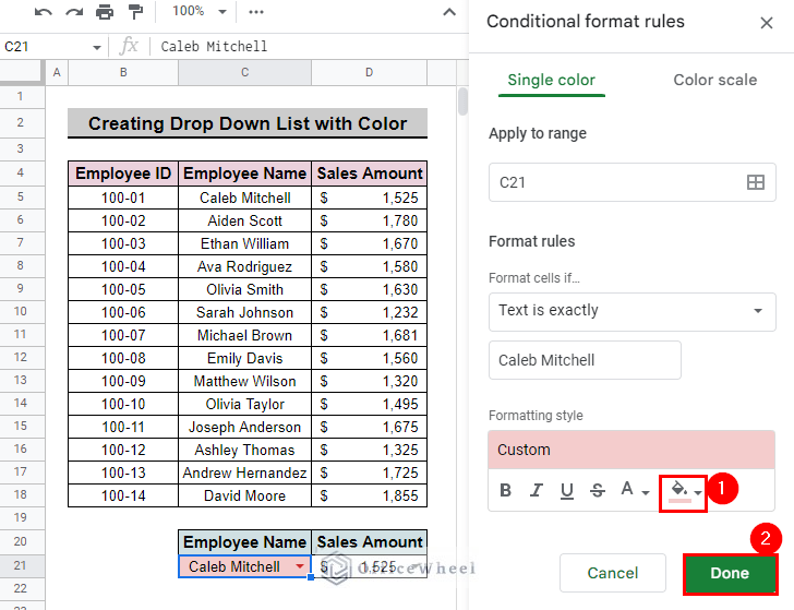 select custom color to add to the drop down list item