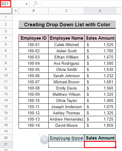 select desired cell to Create a Dropdown List