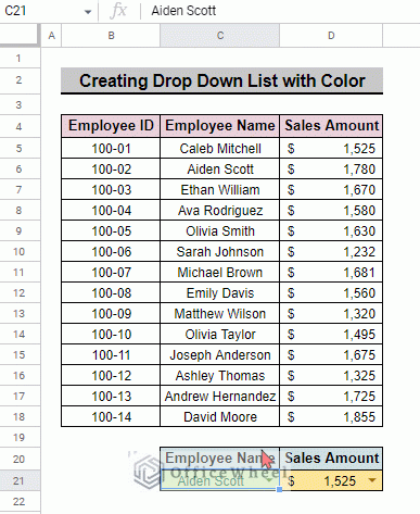 final dataset after adding color to the drop down list in Google Sheets.