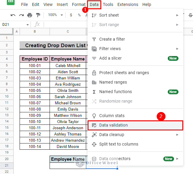 select data validation to create drop down list