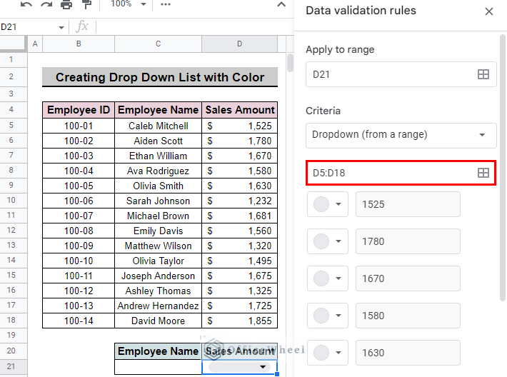 select range to Create a Dropdown List from a range in Google Sheets