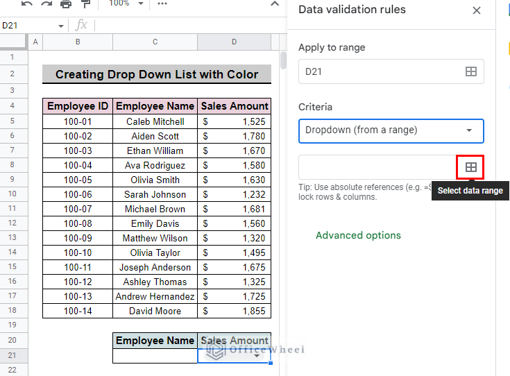 Select data range menu to input range to create drop down list