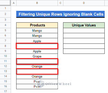 Filter Unique Rows Ignoring Blank Cells in Google Sheets