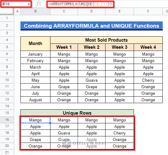 using arrayformula with unique to filter unique rows in google sheets