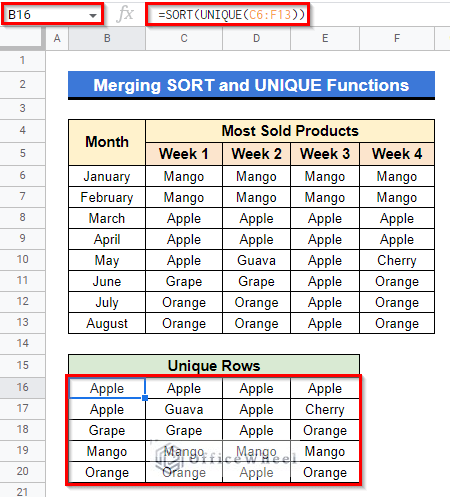 Merging SORT and UNIQUE Functions to filter unique rows in google sheets