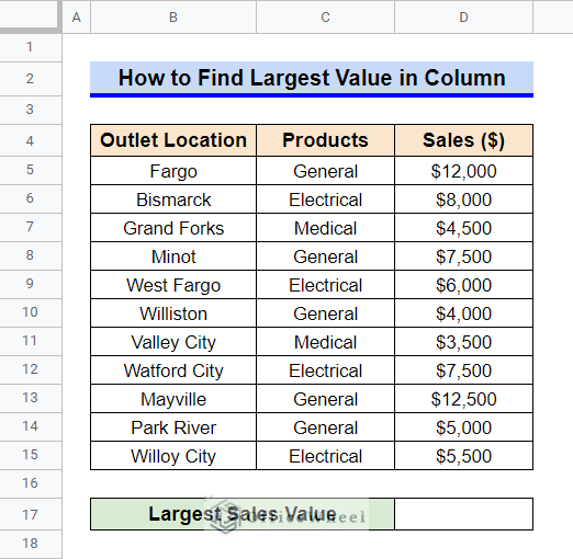 google sheets find largest value in column