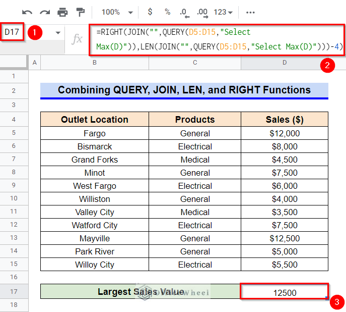 Combining QUERY, JOIN, LEN and RIGHT Functions to Find Largest Value in Column in Google Sheets