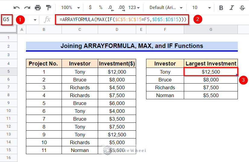 Joining ARRAYFORMULA, MAX and IF Functions to Find Largest Value in Column in Google Sheets