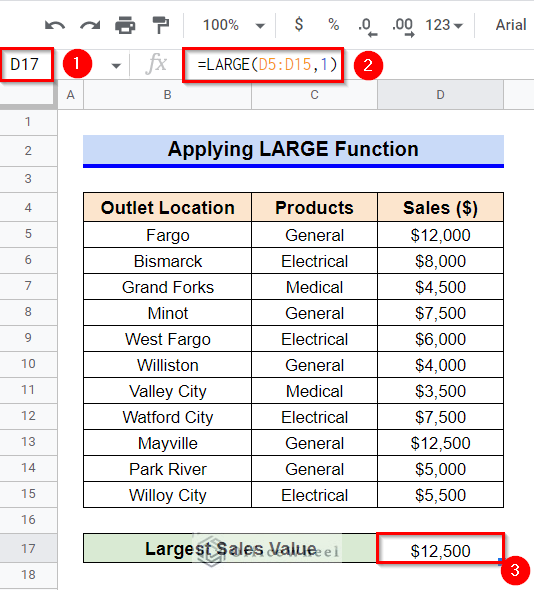 Applying LARGE Function to Find Largest Value in Column in Google Sheets
