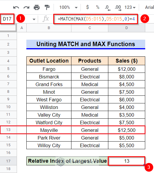 Uniting MATCH and MAX Functions to Find Largest Value in Column in Google Sheets