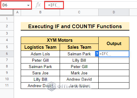 entering IF Function to find missing values between two columns in google sheets
